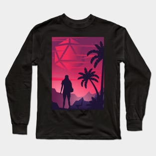 Synthwave Futuristic Polyhedral D20 Dice Sun Long Sleeve T-Shirt